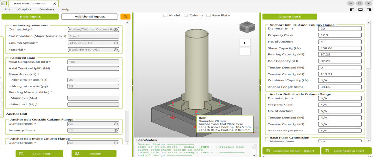 Module design page showing input and output docks, log messages and 3D CAD model